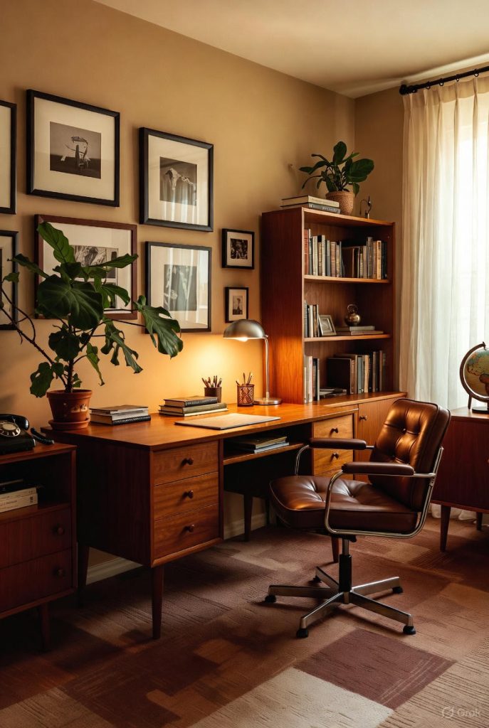 Mid-century modern desk setup in retro home office
