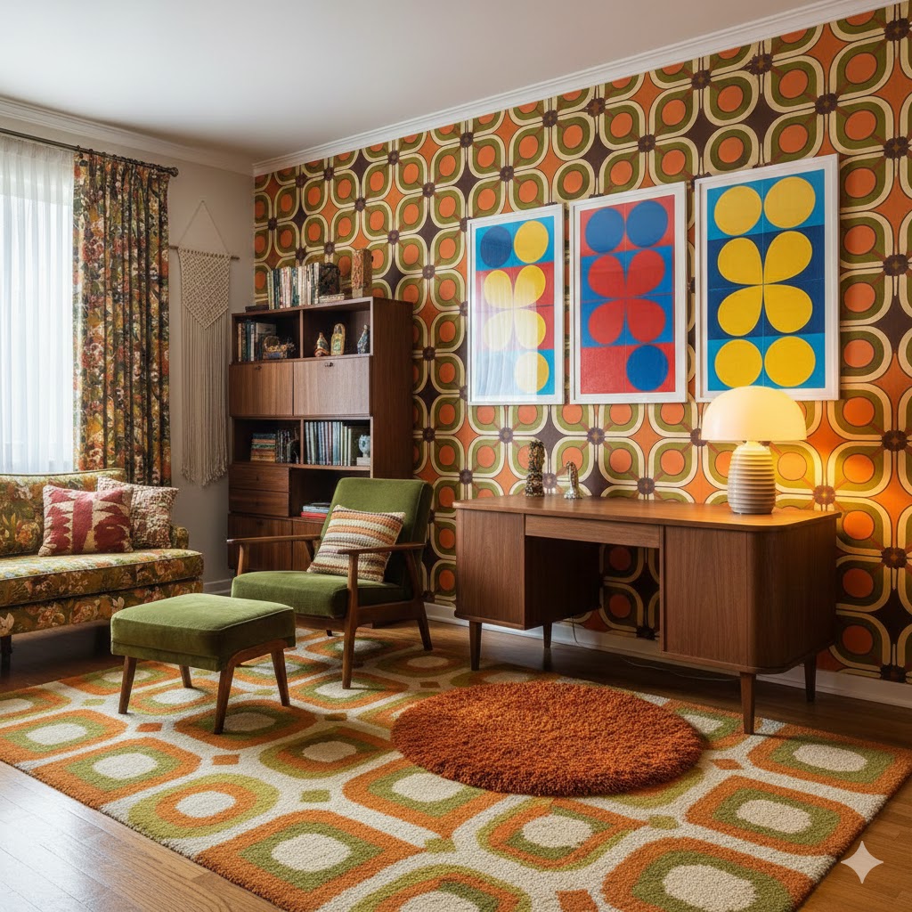 70s-style workspace with geometric wallpaper and patterned rug