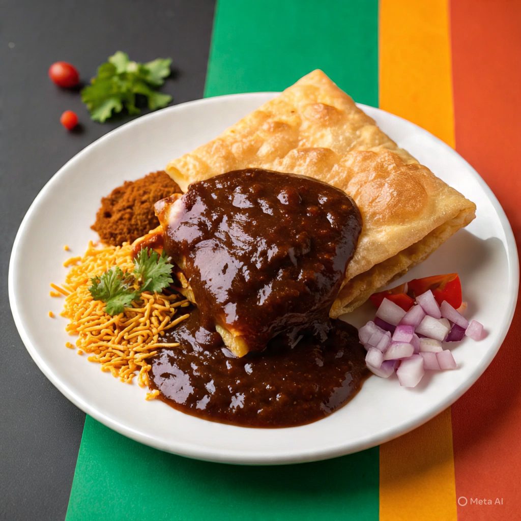 Tamarind chutney drizzle on plate with chaat items