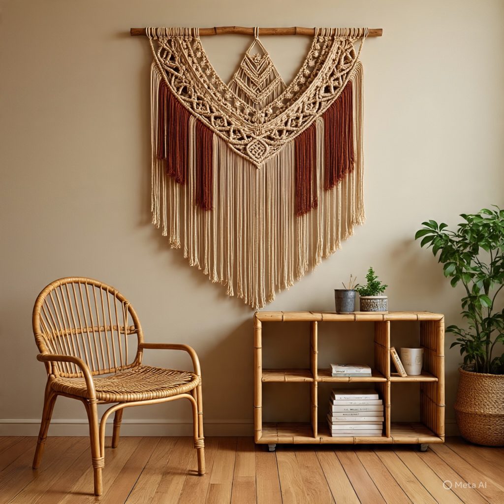 70s office with macramé and rattan decor