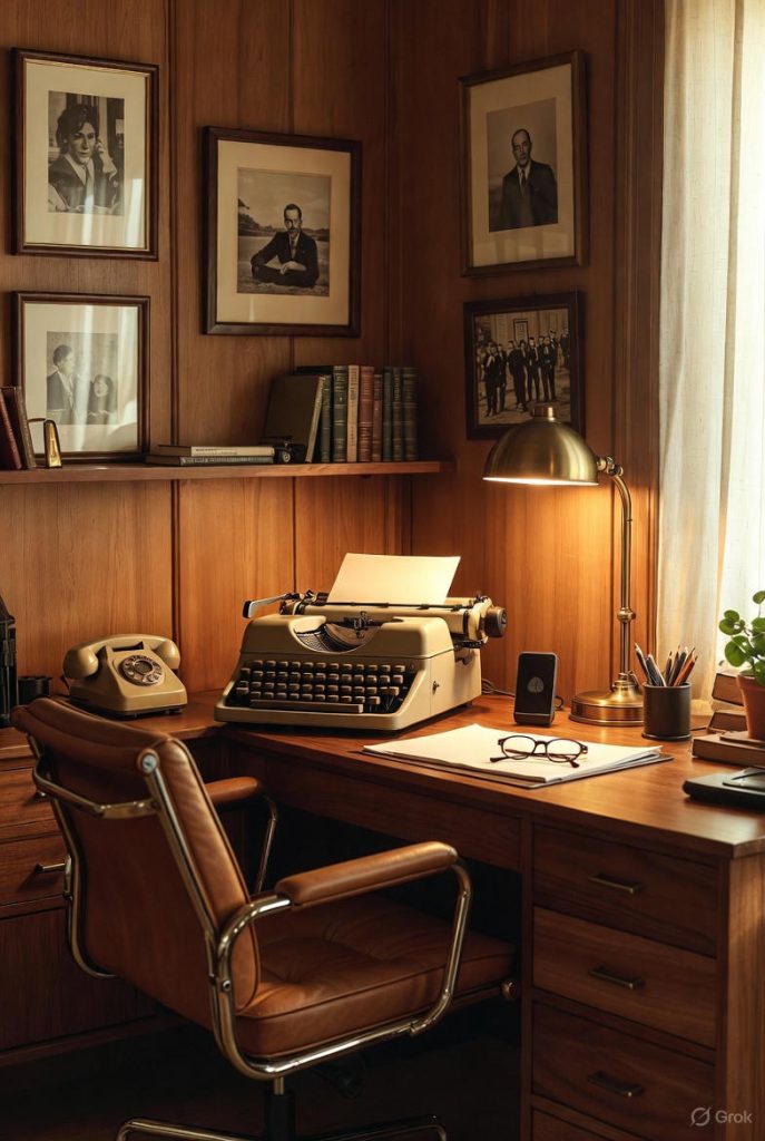 70s-inspired desk with vintage tech elements