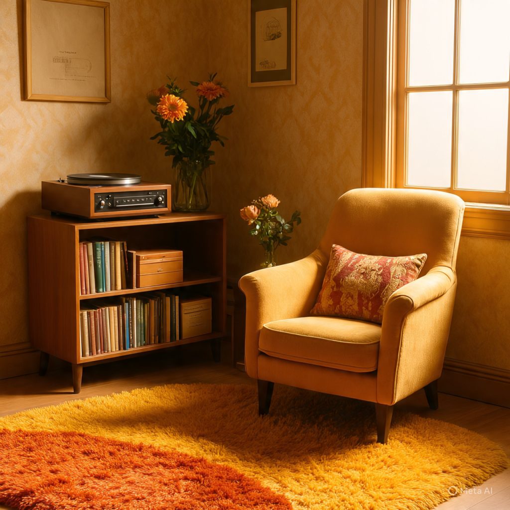 Warm 70s reading nook with shag rug