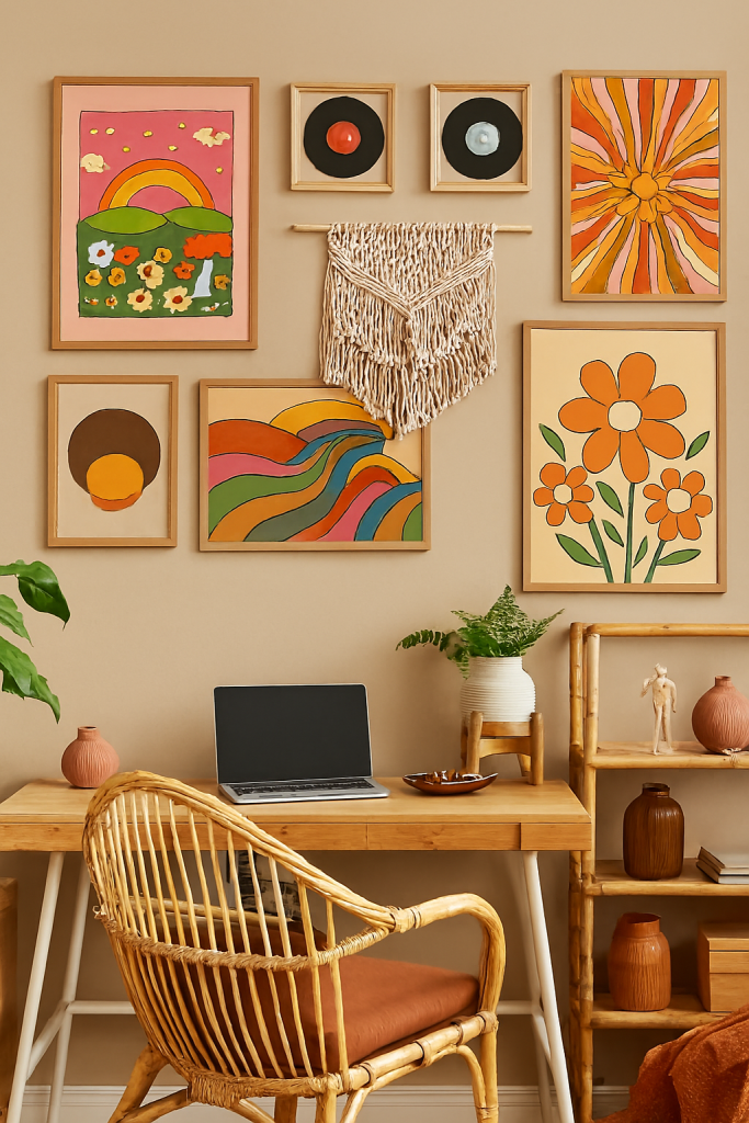 Retro wall art and vinyl decor in 70s-inspired workspace