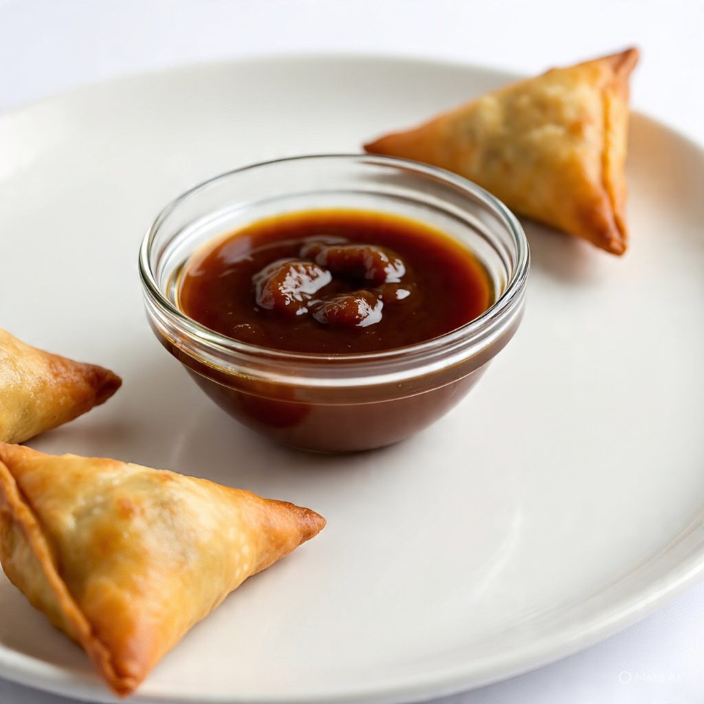 Tamarind chutney bowl near samosas