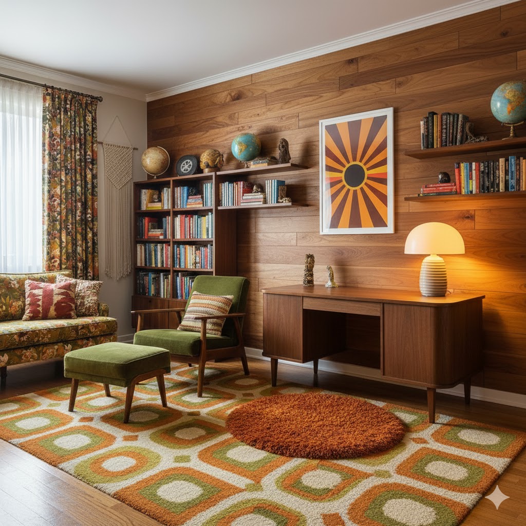 70s-style office with dark walnut wood tones
