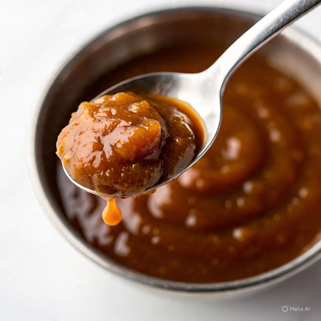 Spoonful of thick tamarind chutney in bowl