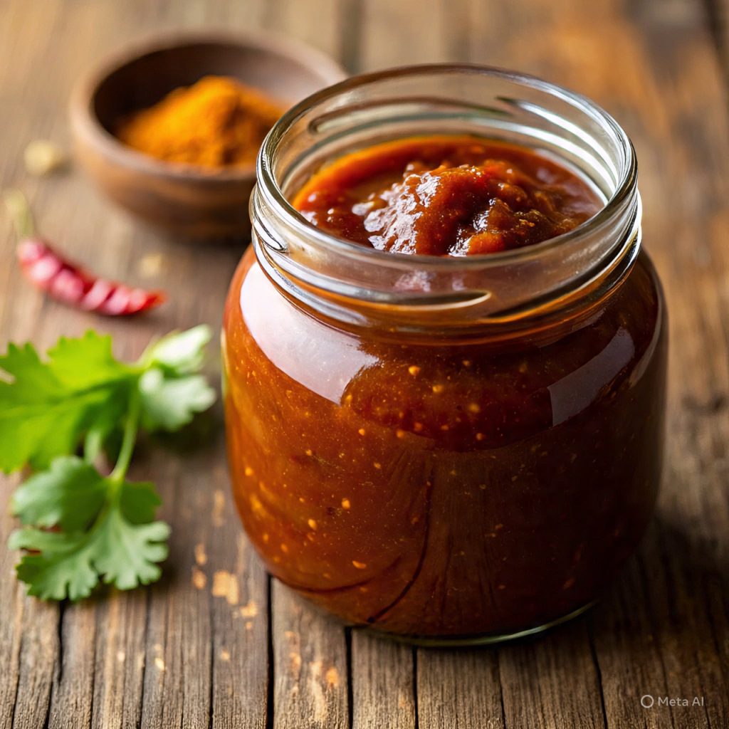 Thick tamarind chutney in glass jar with spices