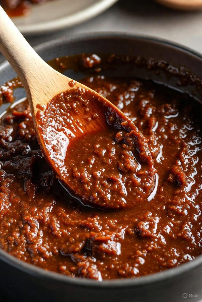 Close-up of smooth tamarind chutney with spoon