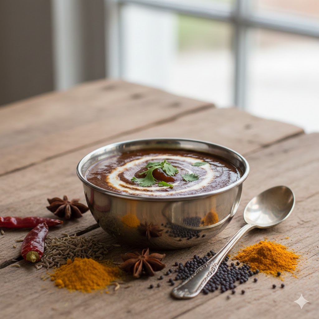 Tamarind chutney in steel bowl on rustic table
