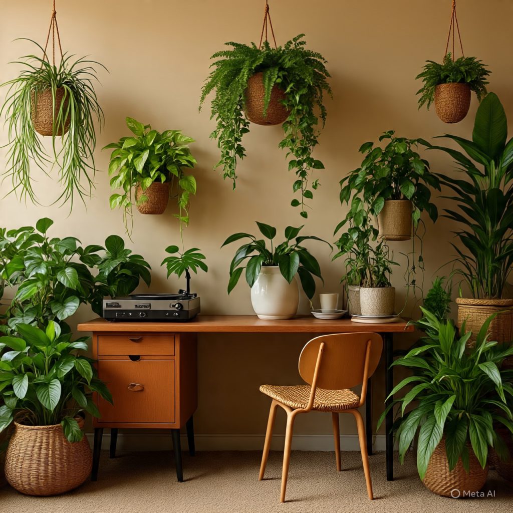 Retro home office with lush indoor plants