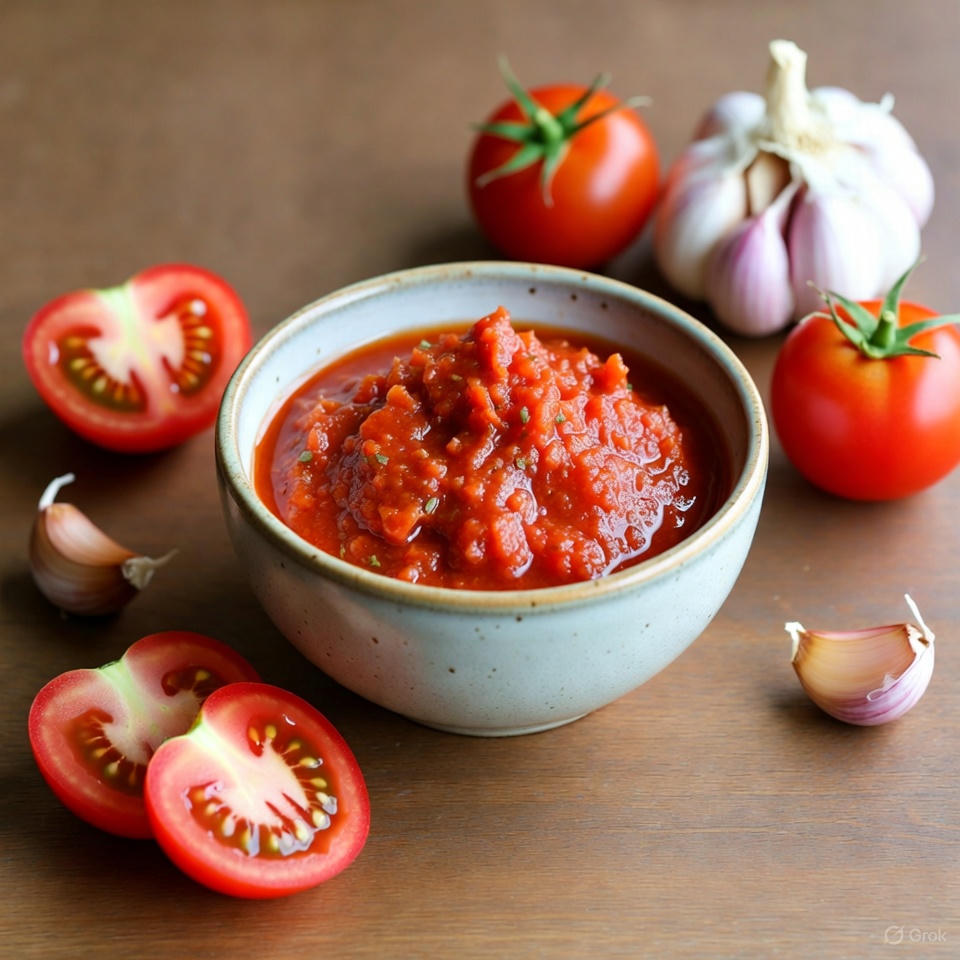 Bright red tomato chutney in bowl with fresh tomatoes