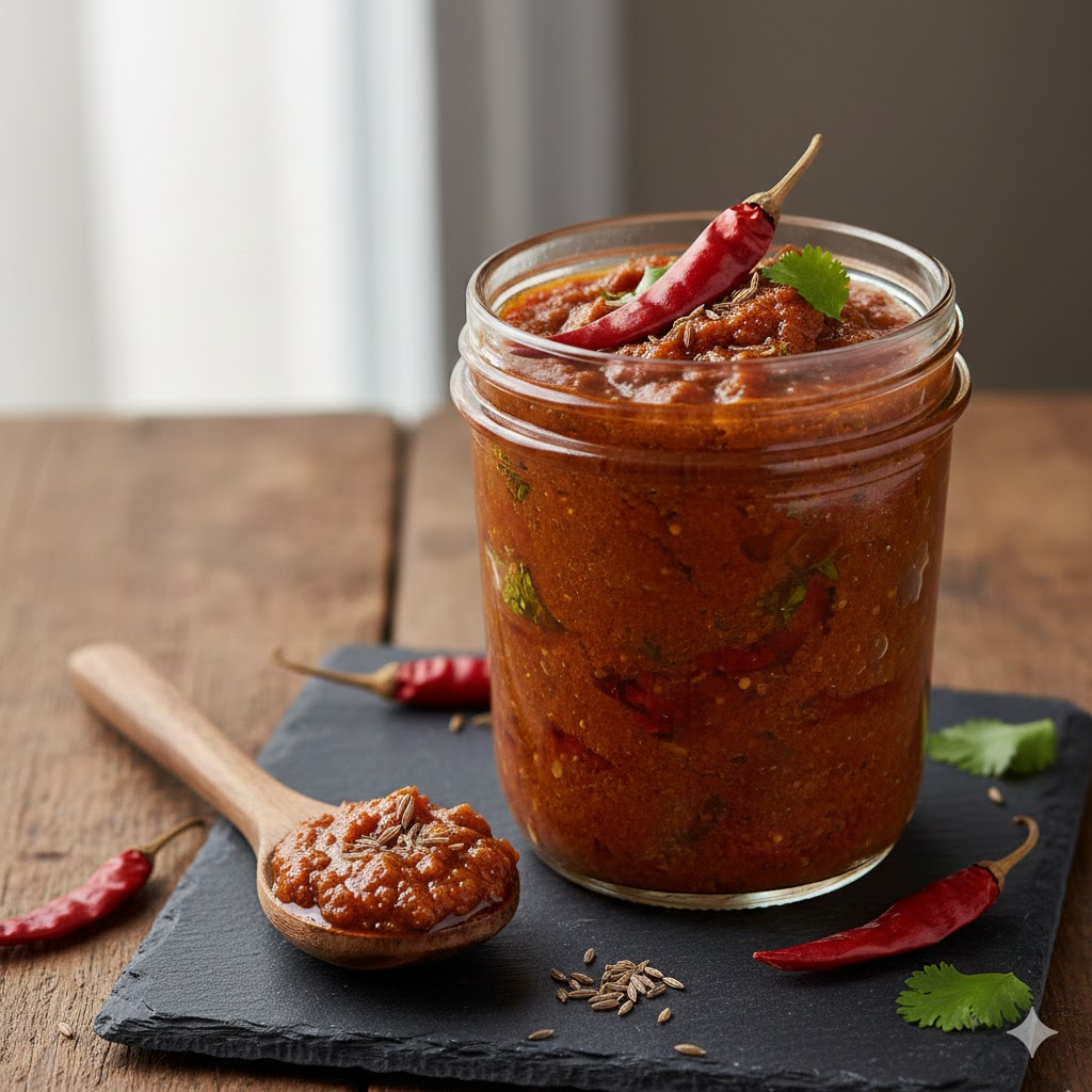 Spicy tomato chutney in glass jar with chilies and spices