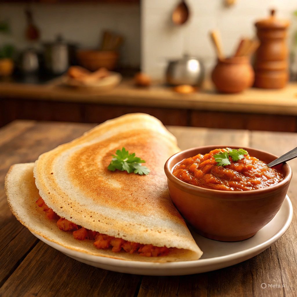 Tomato chutney served with dosa on plate