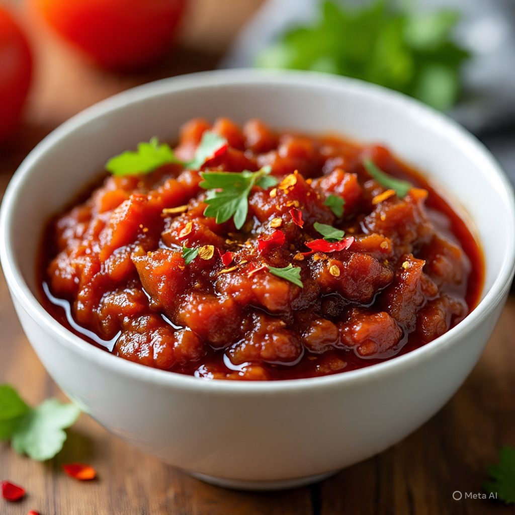 Close-up of chunky tomato chutney with chili flakes