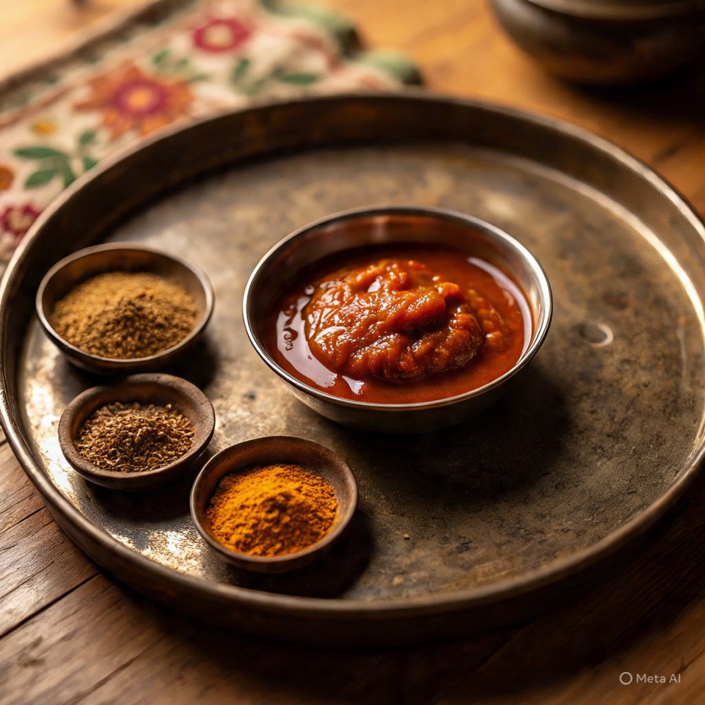 Tomato chutney in steel bowl on metal tray