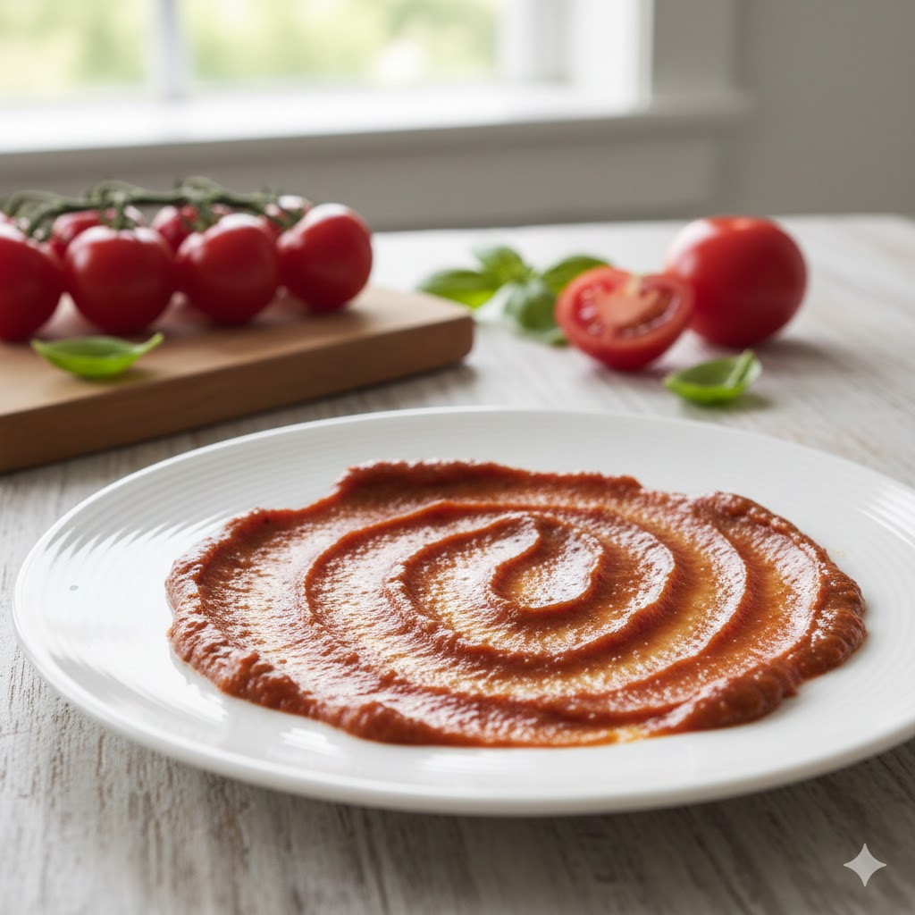 Smooth tomato chutney texture spread on plate