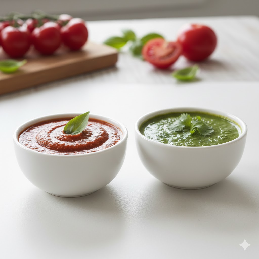 Tomato chutney and green chutney in small bowls