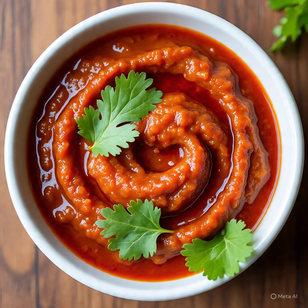 Swirled tomato chutney in white bowl top view
