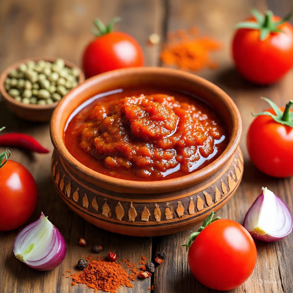 Rustic tomato chutney in clay bowl with chopped vegetables