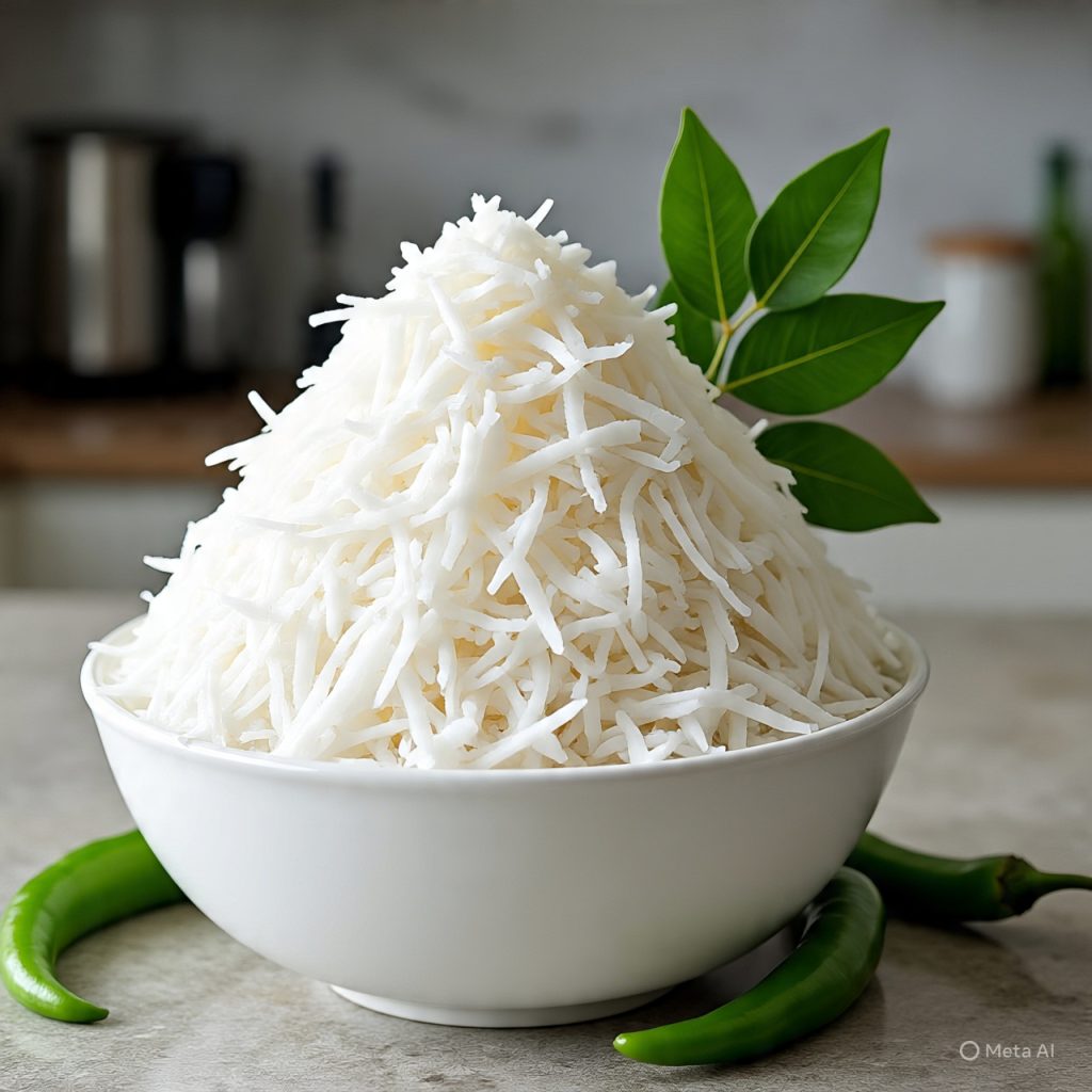 “Fresh grated coconut, green chilies, and roasted gram arranged neatly on a kitchen surface.”

