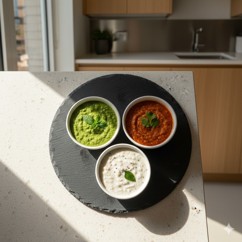 “Assorted coconut chutney varieties, including mint and tomato versions, on a modern kitchen counter.”

