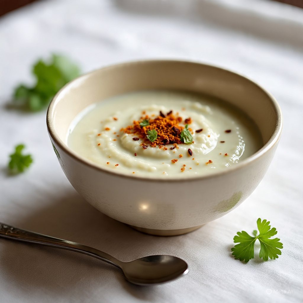 “Mint-infused coconut chutney in a ceramic bowl with bright garnish.”