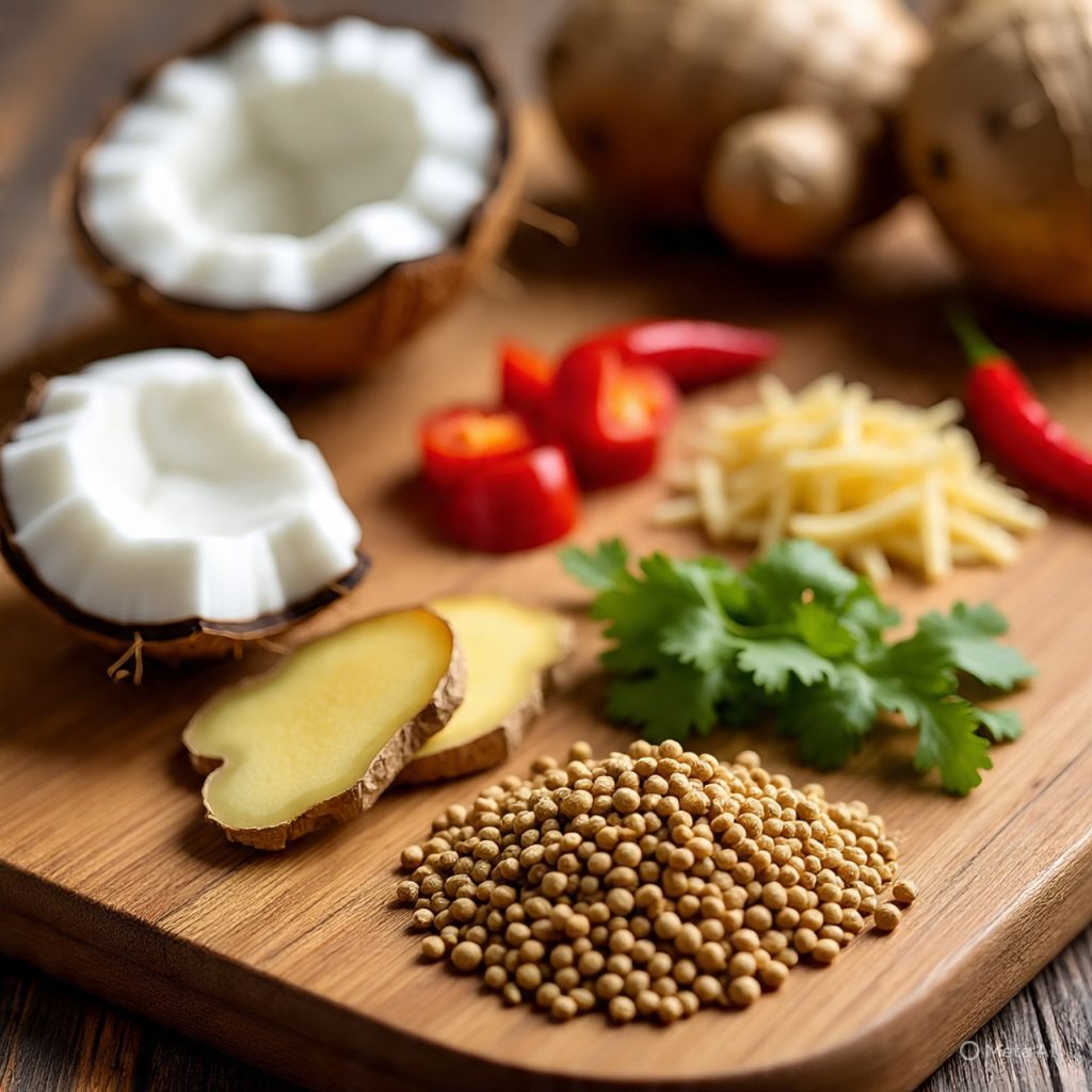 “Traditional Coconut Chutney ingredients including coconut pieces, ginger, and chilies.”


