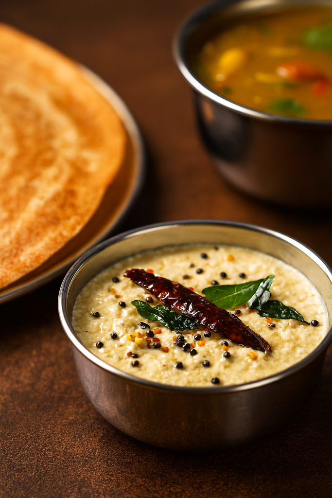 “Smooth Coconut Chutney placed beside crispy dosa on a clean table.”
