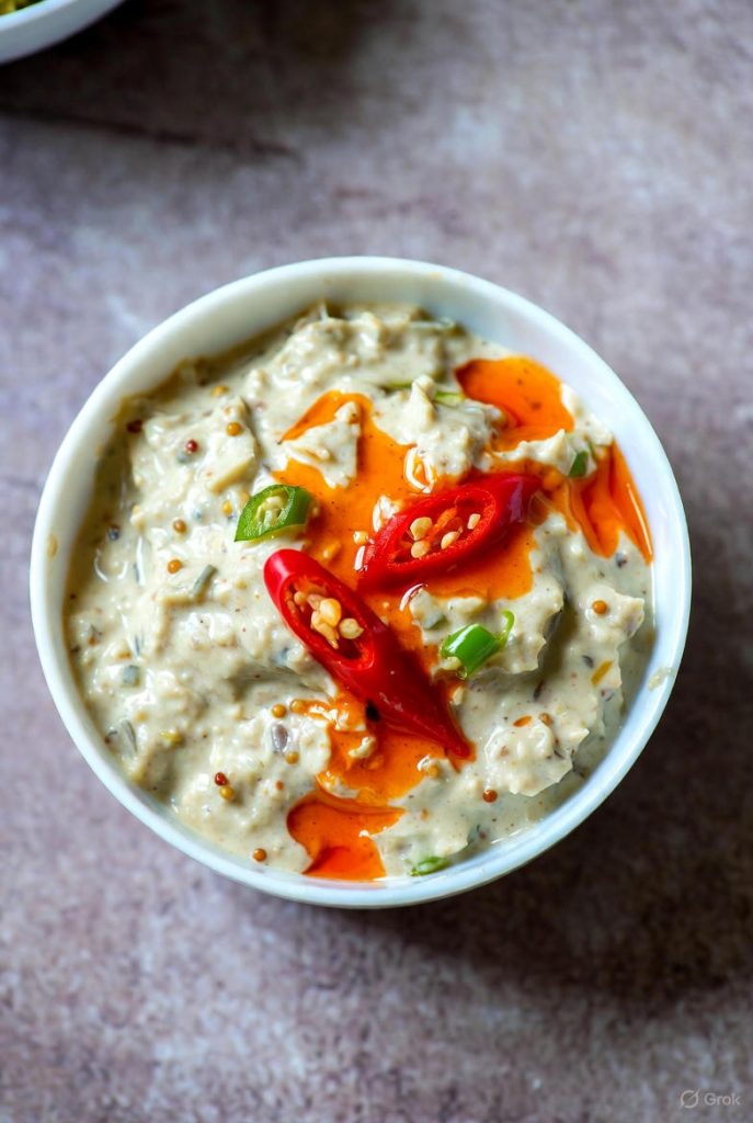 
“Thick coconut chutney topped with mustard seeds and red chili tempering.”

