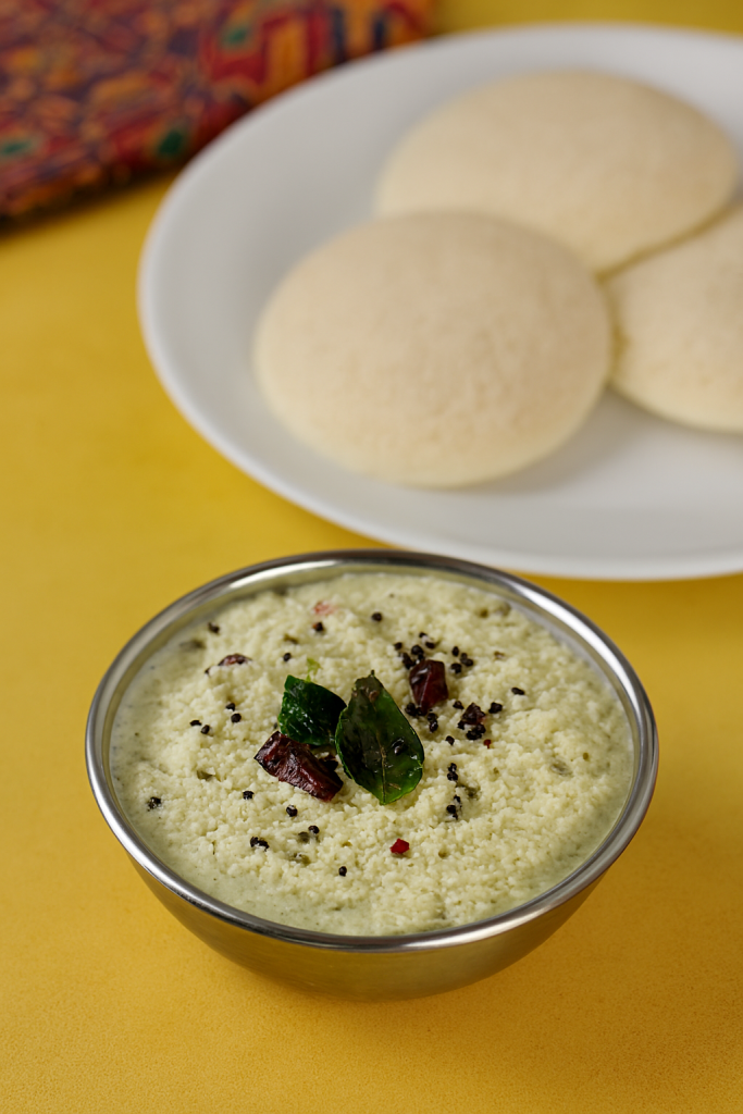 Coconut chutney stored in an airtight container in the refrigerator to preserve freshness and flavor
