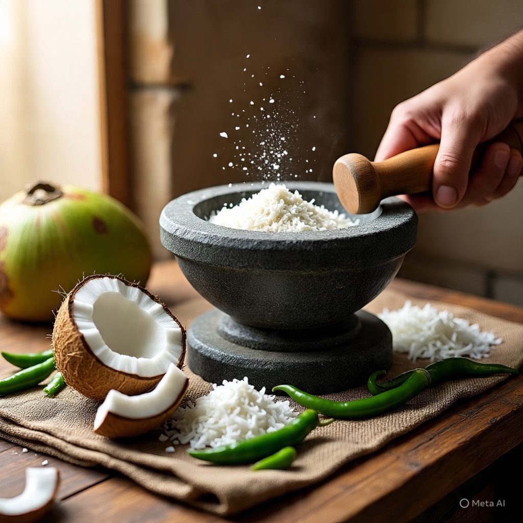 “Coconut chutney prepared in a stone grinder with fresh ingredients on the side.”