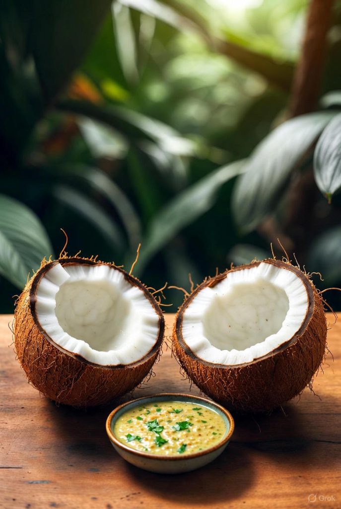 Fresh coconut and spices for making coconut chutney with balanced flavors, chilies, ginger, garlic, and roasted gram