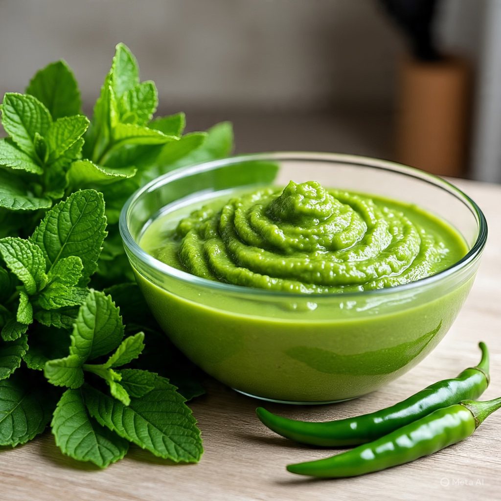 “Bright green mint chutney served in a white bowl with fresh lemon garnish.”