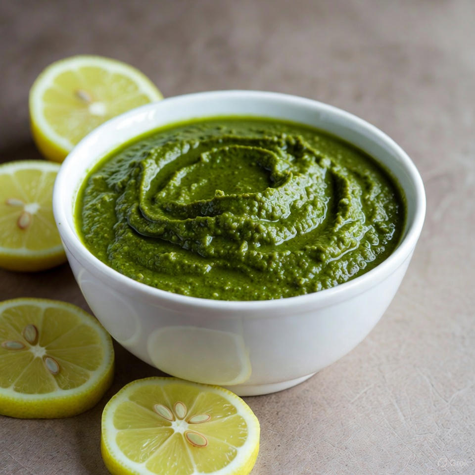 “Fresh mint, coriander, green chilies, and garlic arranged beside a bowl of chutney.”
