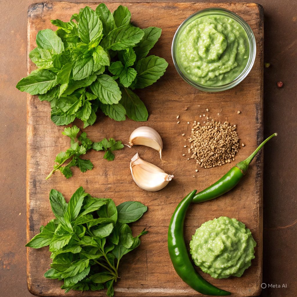 “Smooth mint chutney placed next to crispy samosas on a clean white table.”