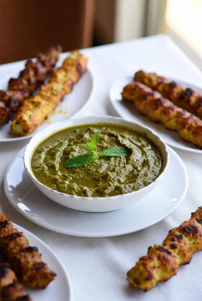 “Pudina chutney ingredients including mint leaves, coriander, garlic, and chilies on a wooden board.”