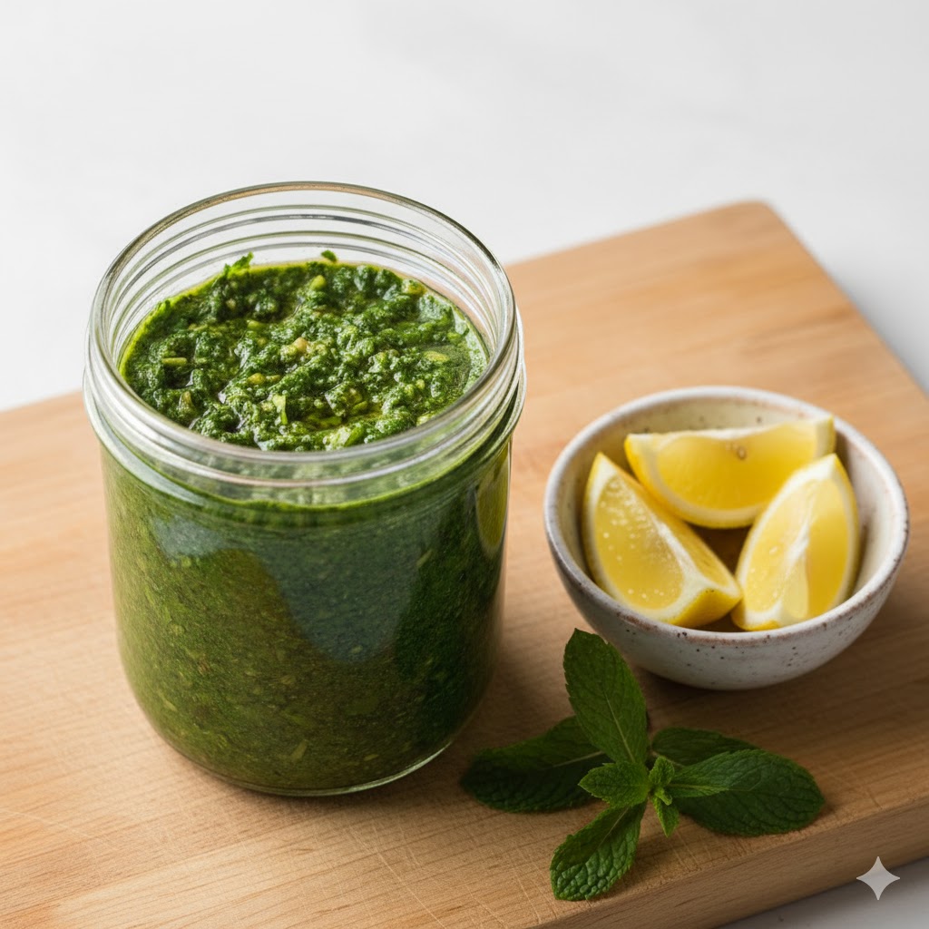 “Green mint chutney topped with roasted cumin powder in a ceramic bowl.”