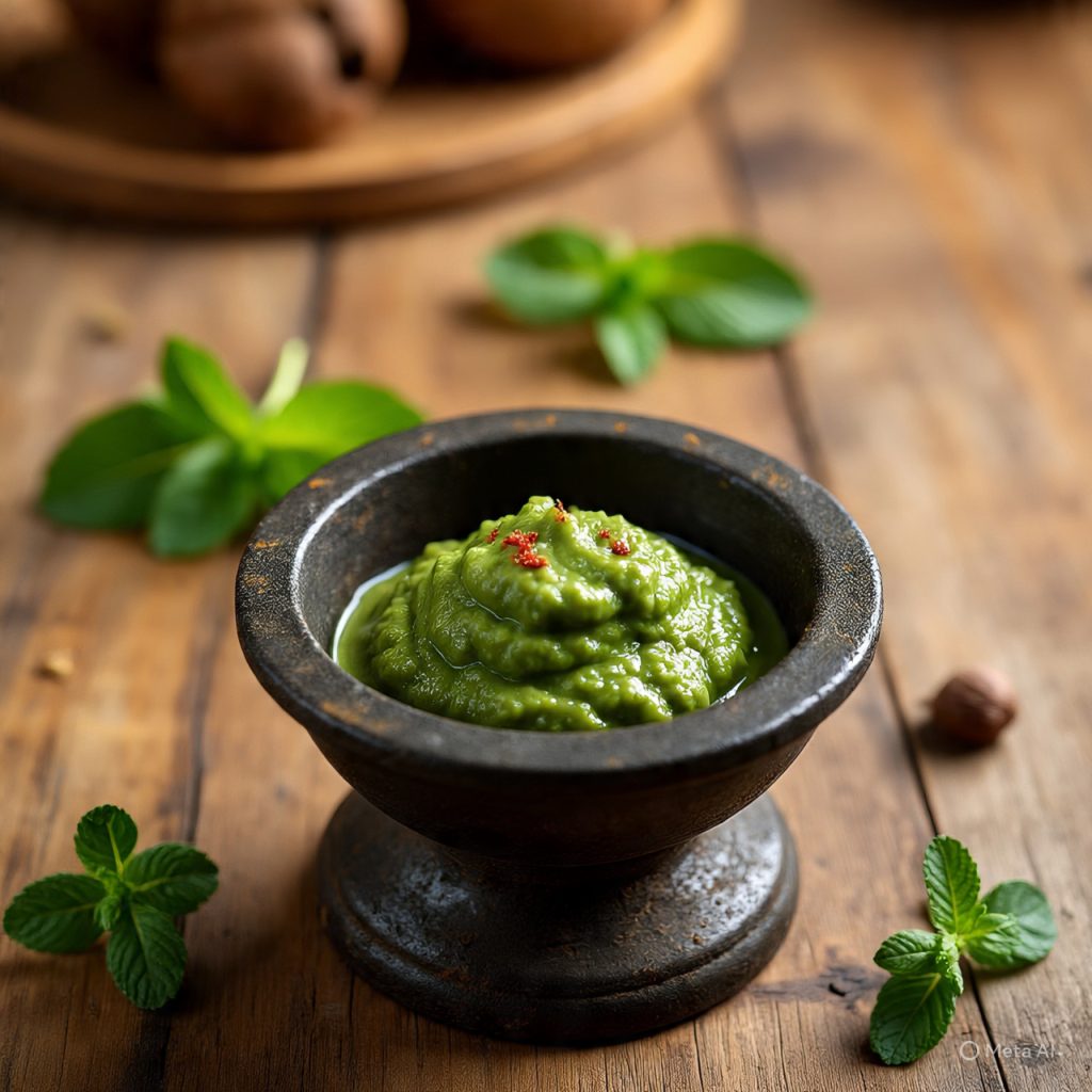 “Mint and coriander chutney with lemon slices arranged beautifully on a rustic surface.”