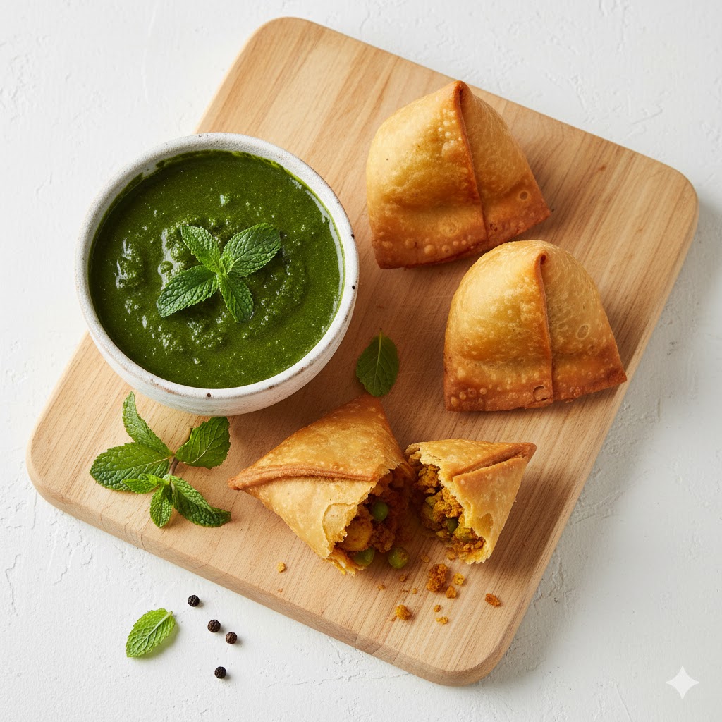“Thick mint chutney displayed in a small bowl with fresh herbs around it.”