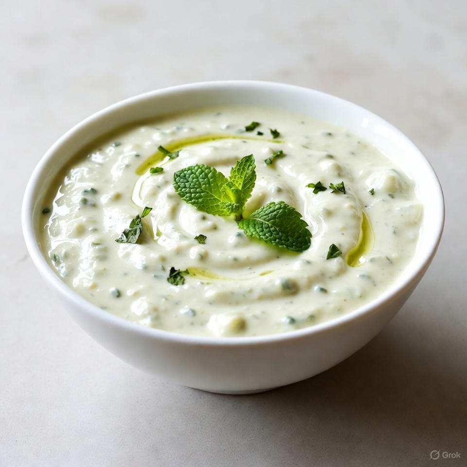 “Delicious yogurt chutney in a bowl with herbs and spices, no people.”