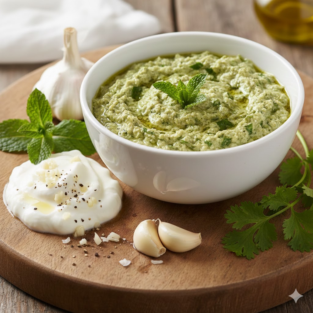 “Smooth dahi chutney served with green chili and coriander garnish, no people.”