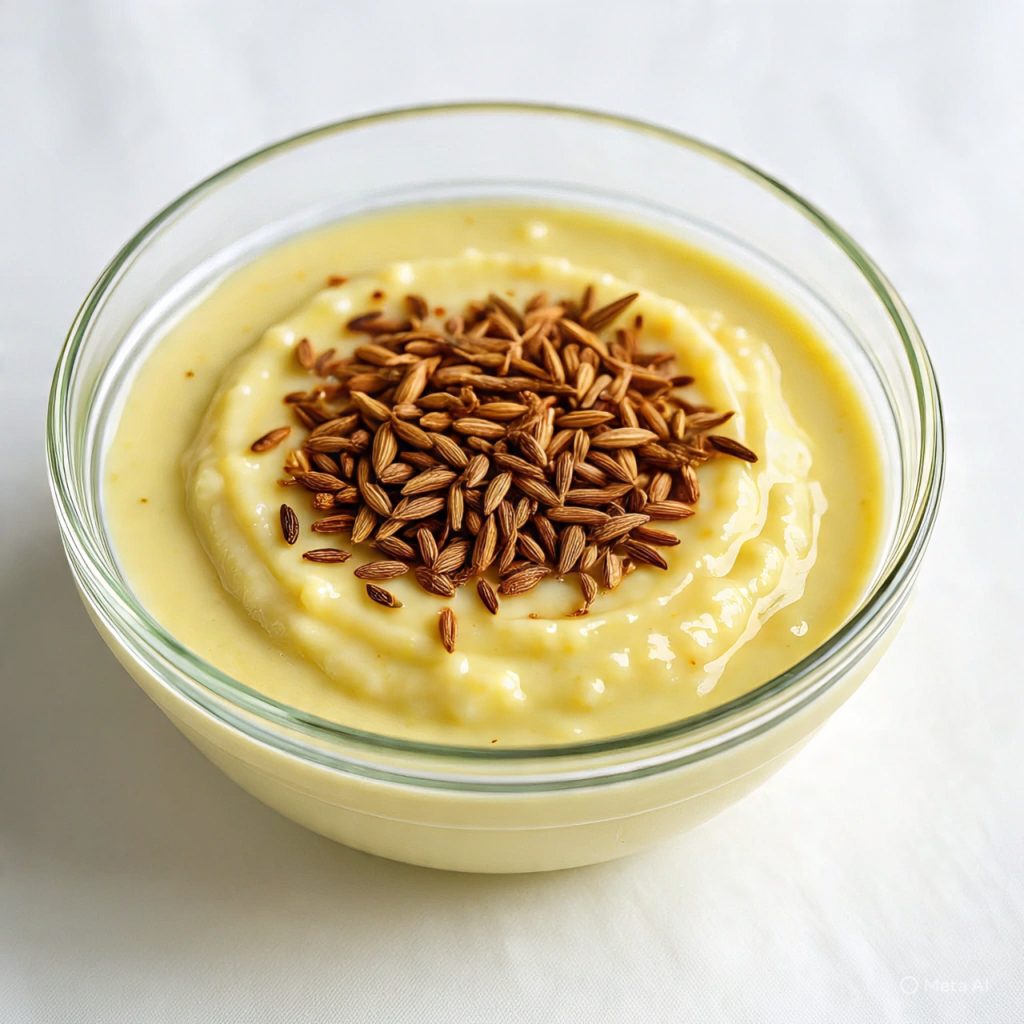 “Traditional dahi chutney with spices placed neatly in a ceramic bowl, no people.”