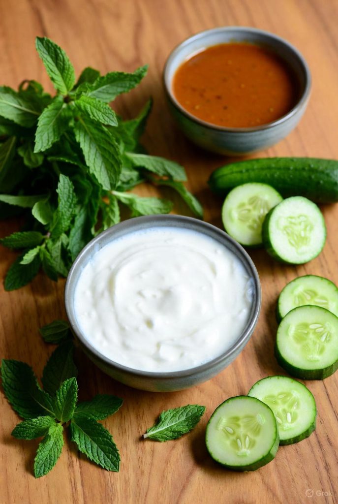 “Refreshing and delicious yogurt chutney with cumin and herbs, styled simply, no people.”
