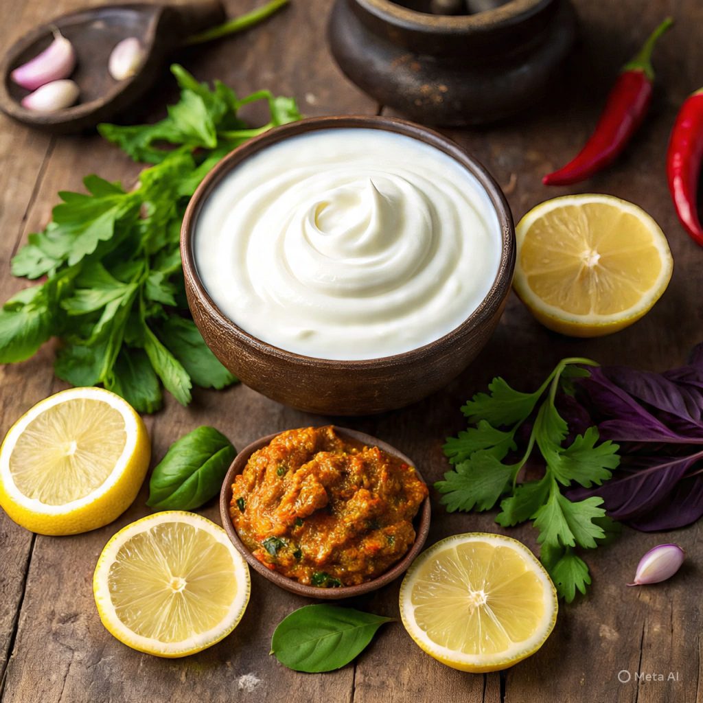 “Homemade delicious yogurt chutney with fresh coriander and chili pieces, no people.”