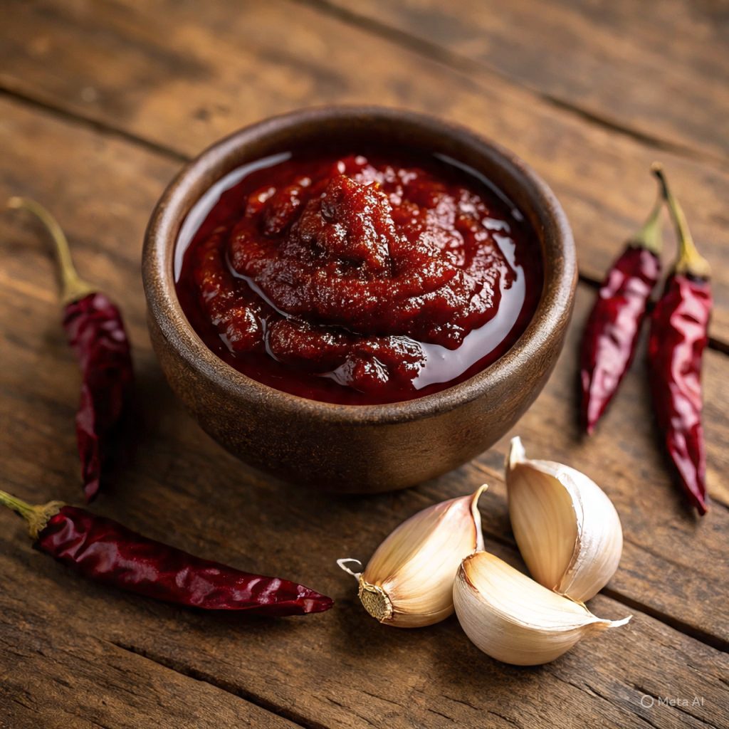 Garlic Lasan Cutney (Lal Lasan Chutney) – deep red garlic chutney served in a white bowl with dried chilies.”