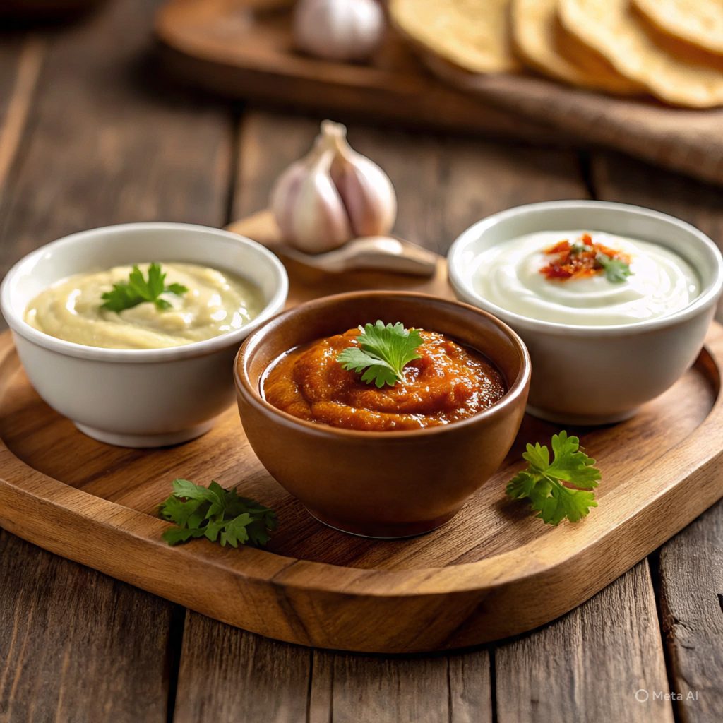 “Three bowls showing different textures of garlic chutney.”