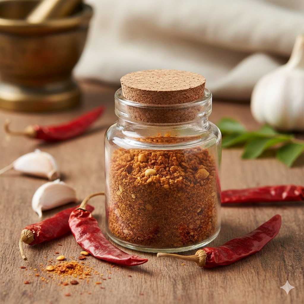 “Dry garlic chutney powder in a jar with garlic cloves beside it.”