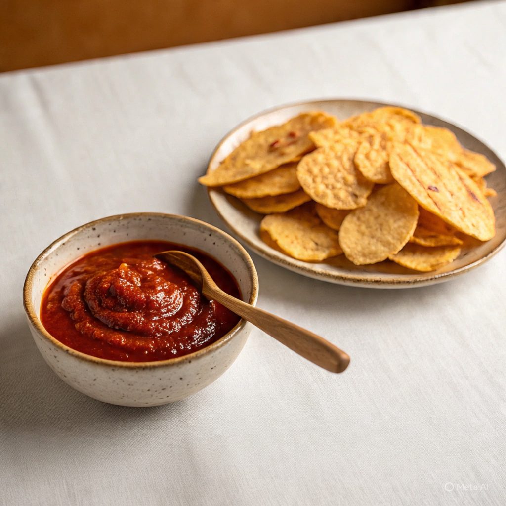 “Smooth red chutney with chili oil layered on top.”