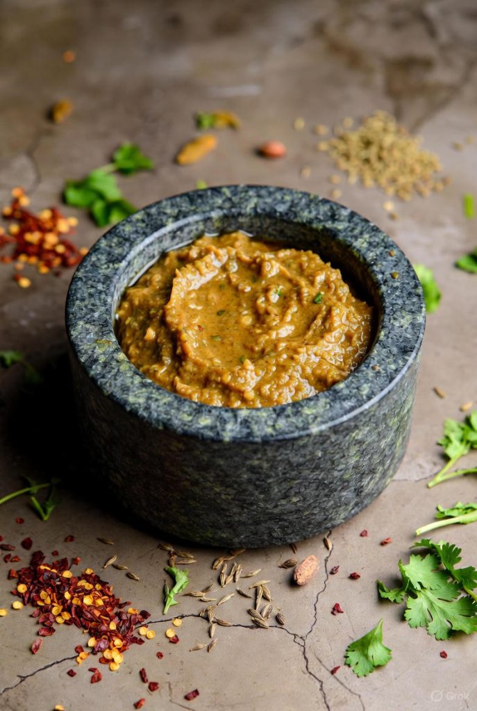 “Fresh garlic cloves placed around a bowl of spicy chutney.”