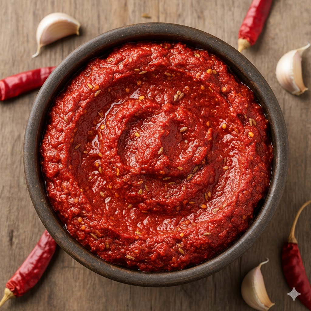 “Homemade lal lasan chutney in a minimal bowl.”